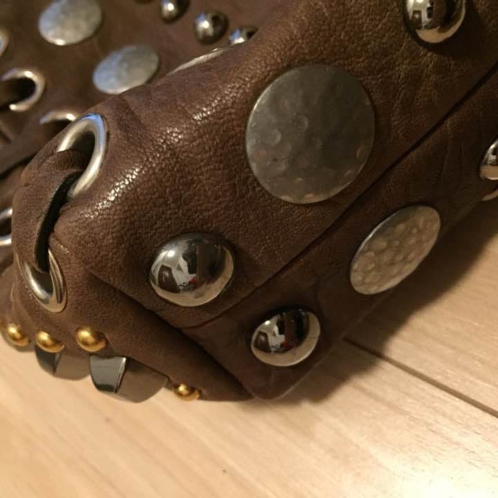 Vintage Miu Miu Archive Toto Bag Handbag Gold & Silver Studs Brown Leather JP !!