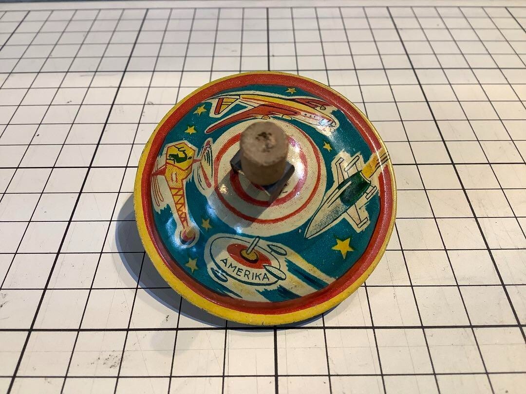 Vintage Japanese Tin Toy Spinning Tops Set of 5, 55mm, Collector's Item