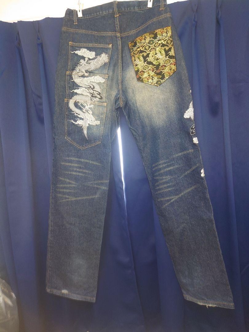 Kacho Fugetsu Men's Denim Jeans Pants Dragon Ryu Embroidered Blue Size 34