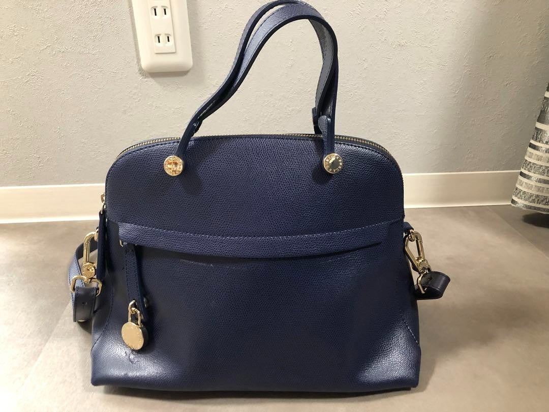 FURLA 2way Piper M Hand Tote Crossbody Bag Women Navy Blue Genuine USED
