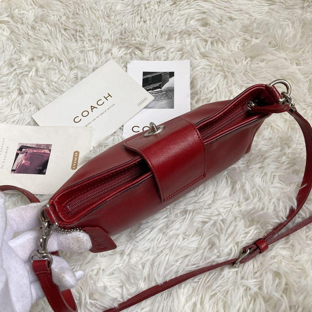Rare COACH Vintage Turn Lock Red Leather 2 Way Shoulder Hand Crossbody Bag Auth