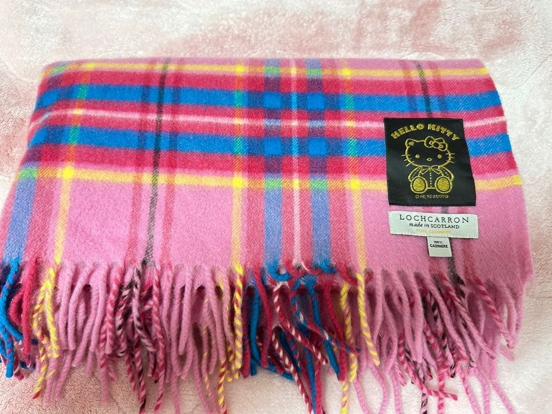 Hello Kitty Cashmere Stole 100% Pink Tartan Scarf Scottish Made Fringe