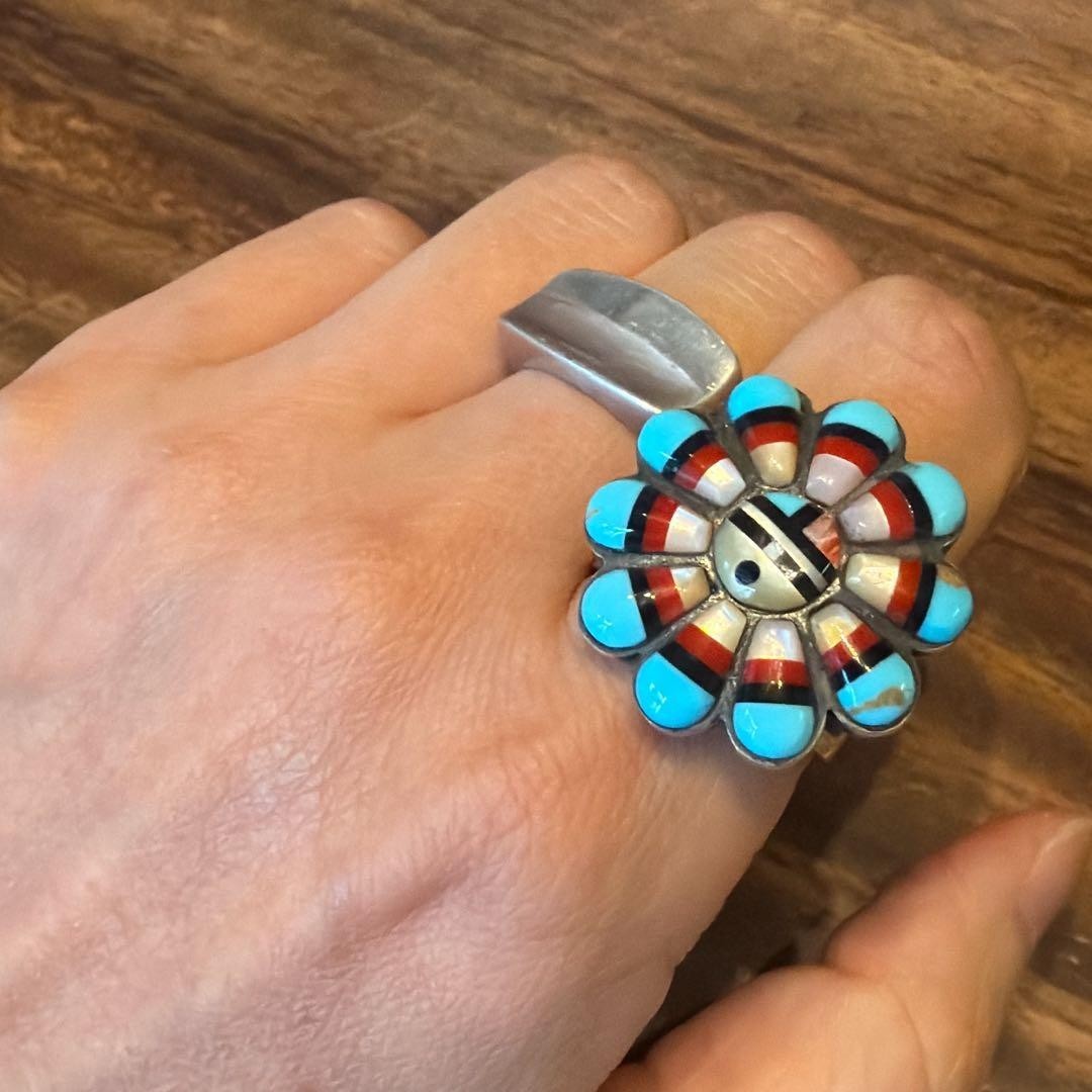 Zuni Sun God Sun Face Inlay Ring, US Size 8.5-9