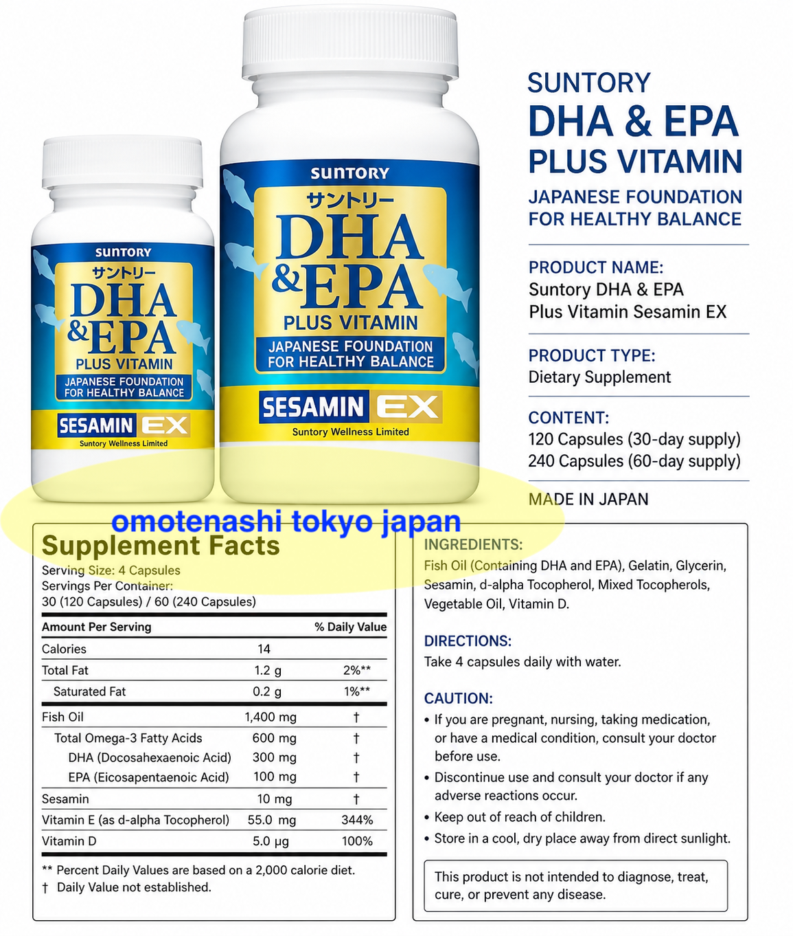 New Suntory DHA & EPA + Sesamin EX Omega-3 Supplement 120 Softgels
