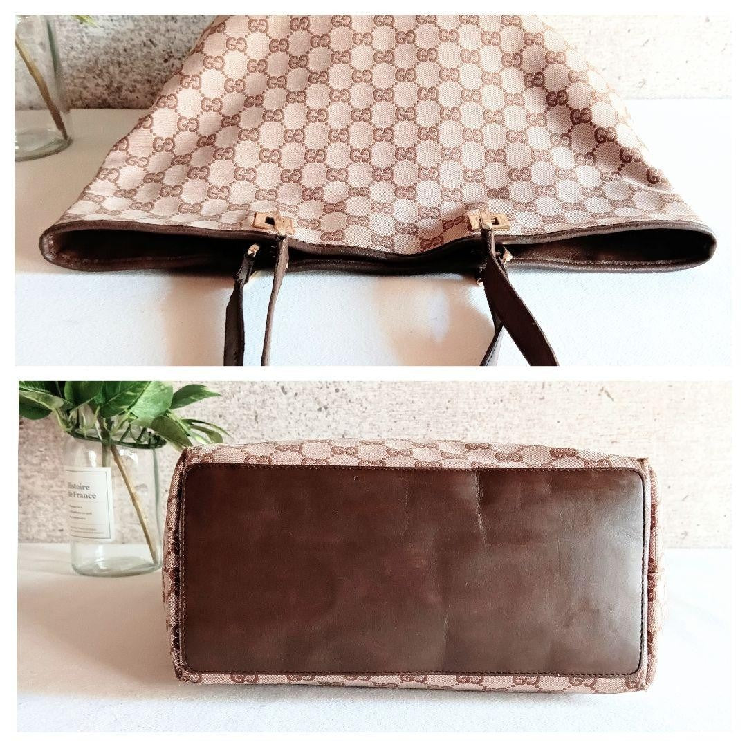 GUCCI GG Tote Shoulder Bag Leather Canvas Brown Beige Gold Hardware From Japan