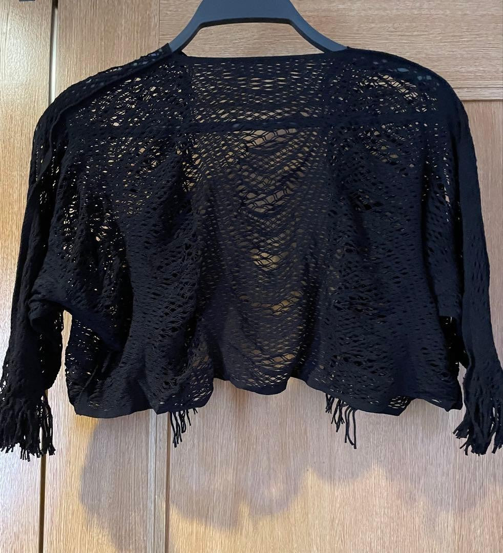 USED ISSEY MIYAKE BLACK LACE KNIT CARDIGAN WITH THREE-QUARTER SLEEVES GOOD