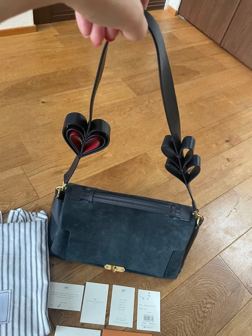 ANYA HINDMARCH Heart Shoulder Bag Navy Silk Calf Suede Leather