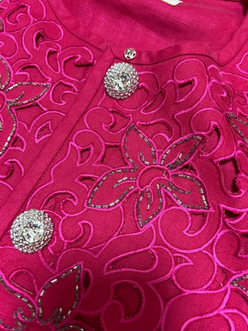 Oscar de la Renta Pink 100% Linen Jacket with Embroidery, Size M