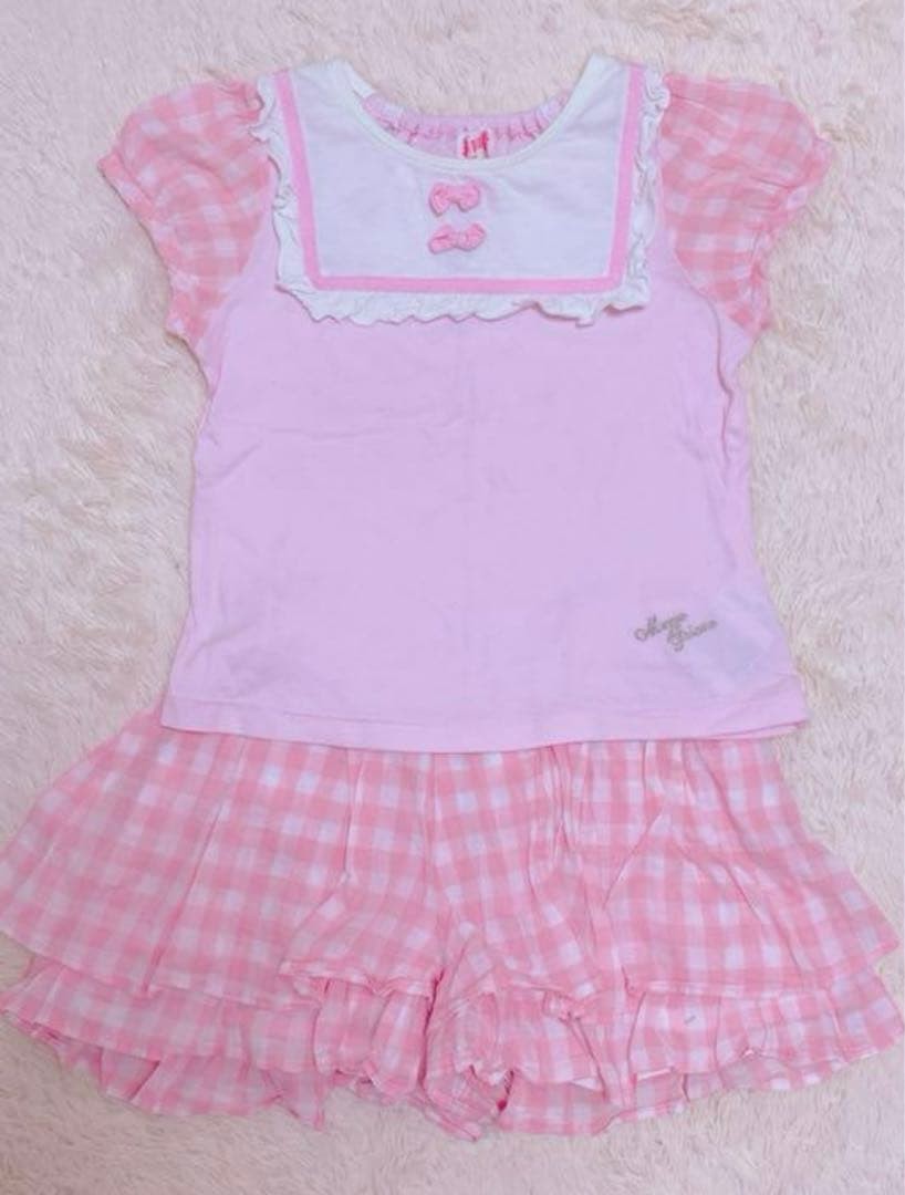 mezzo piano m524 Mezzopia 130cm Gingham Check Set Pink Ribbon TShirt Skirt Near