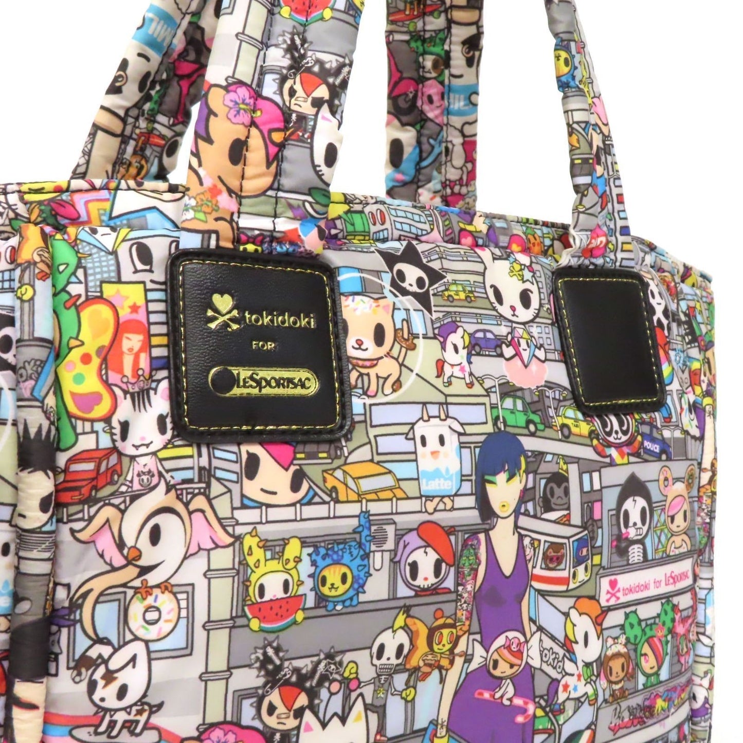 Tokidoki Le SportSac Tote Bag Gold Fittings Zip Multicolor with Cat Charm