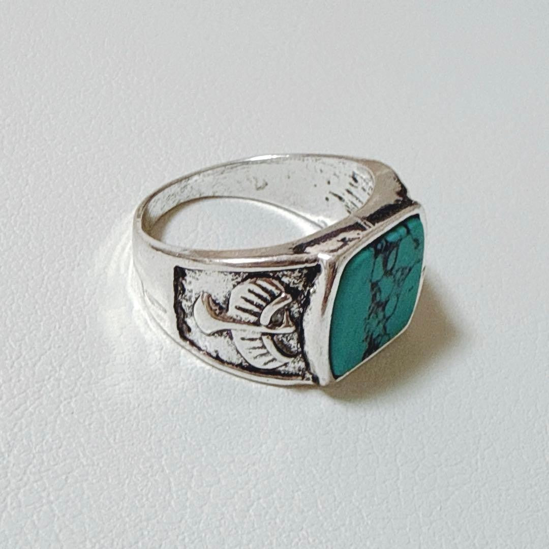 Turquoise Silver Ring, Vintage Eagle Engraving, Men's Size US9
