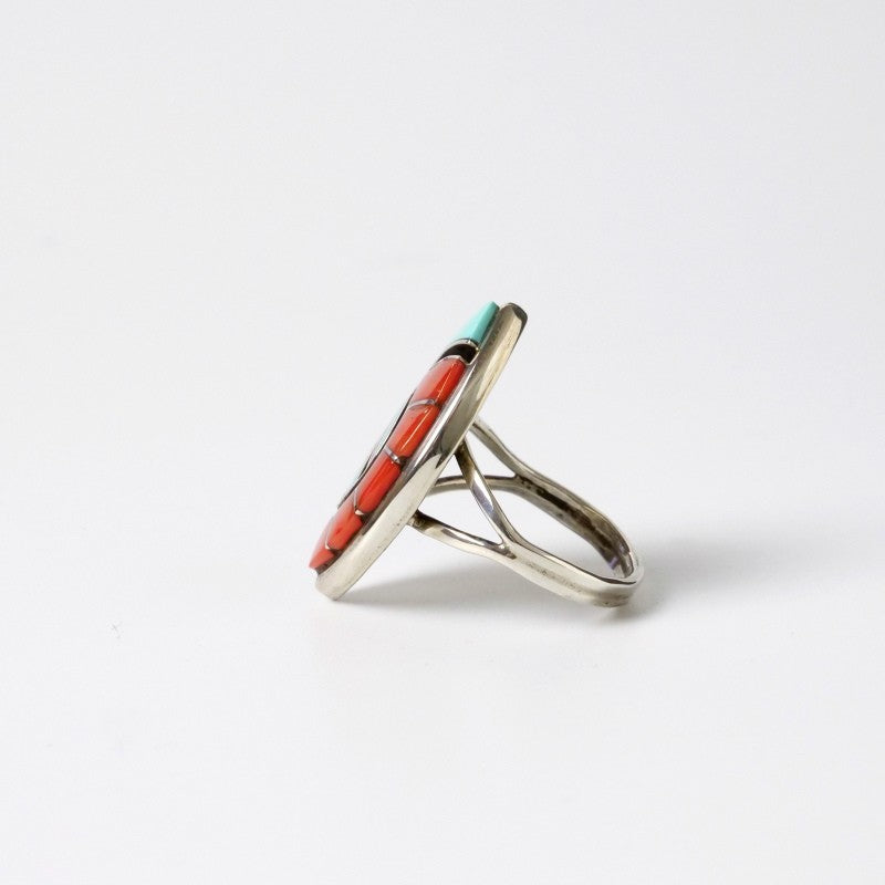 Amy Wesley Zuni Ring: Turquoise & Coral Inlay Friendship Motif. US Size 6.5.
