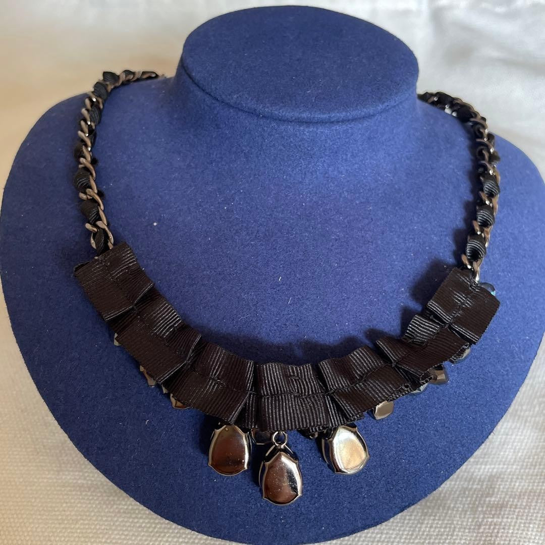 LANVIN Blue Stone Necklace Black Ribbon Elegant Designer Jewelry From Japan Rare