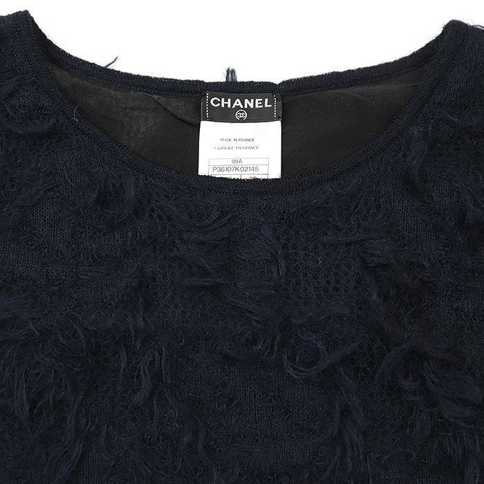 CHANEL 09A P36107 Mohair Fringe Sleeveless Dress Women Size 38 Dark-Navy