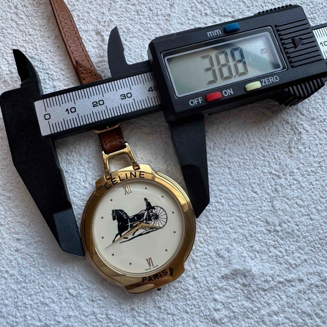 Ultra Rare CELINE Horse Carriage Gold Quartz Pocket Watch Vintage Authentic