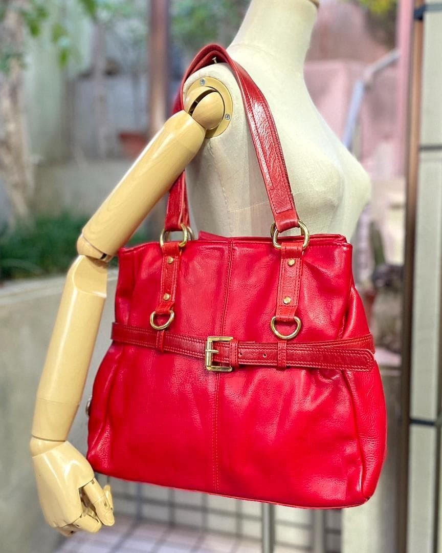 Vintage Mulberry Leather Shoulder Tote Belted Bag RED 30 x 35 x 11cm