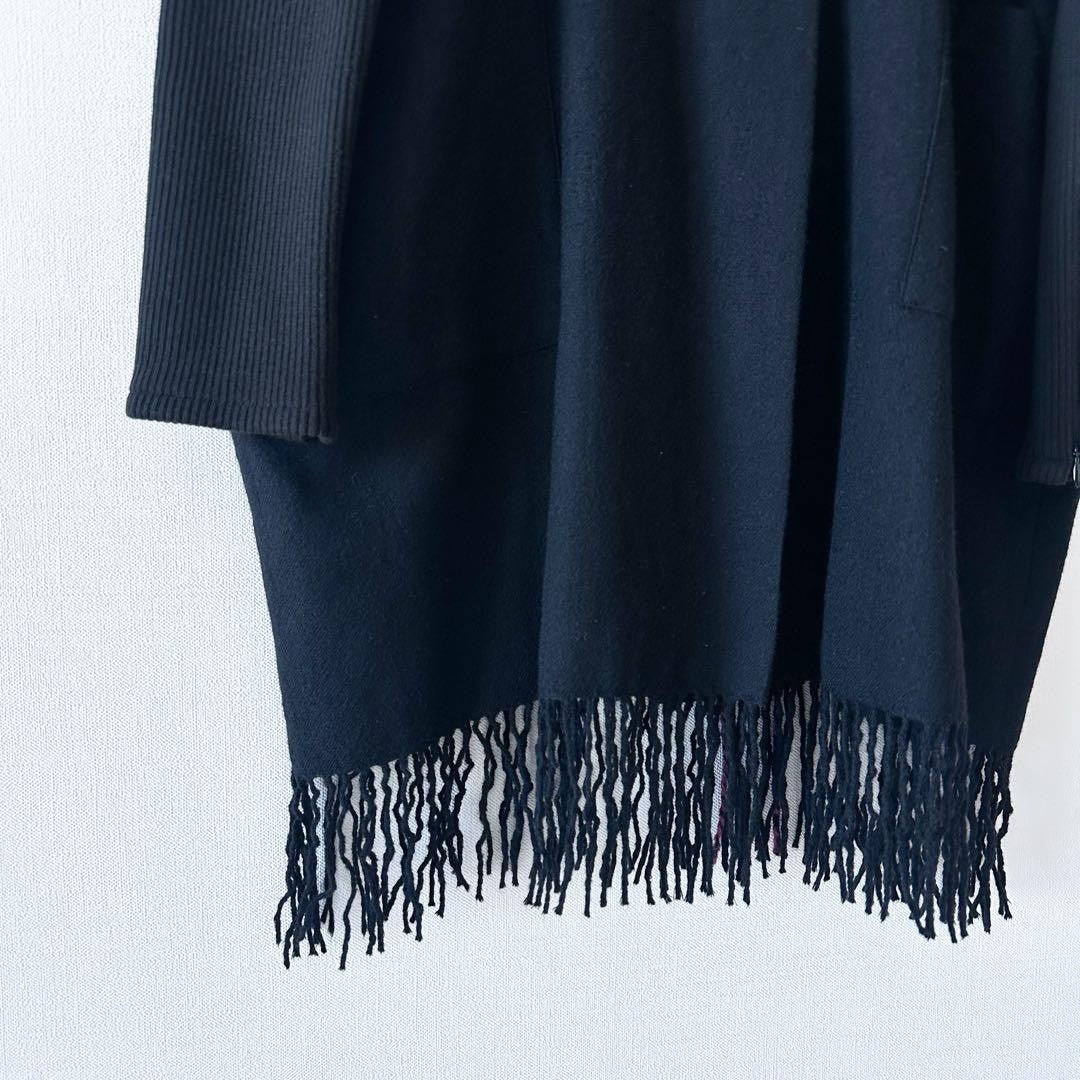 LIMI feu Wool Knit Fringe Shawl Collar Coat Black