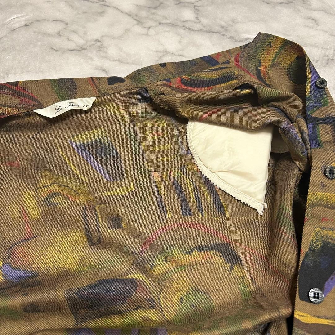 VINTAGE Art Print Shirt with Shoulder Pads, All-Over Pattern, Long Sleeve, Showa