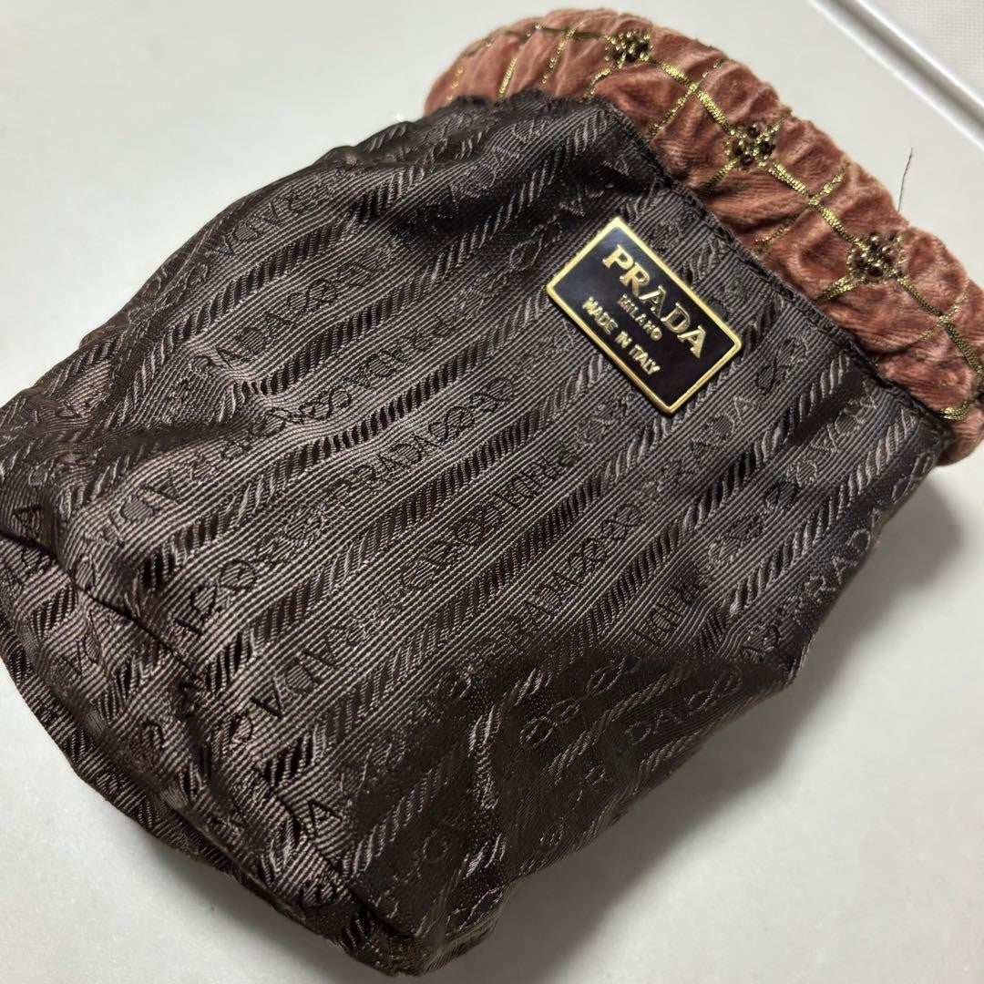 Prada Velvet Drawstring Bag - Beaded Pouch in Vintage Brown, Good Condition