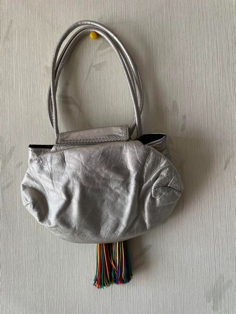 LOEWE Fringe Shoulder Bag Leather Silver tone Auth 99979