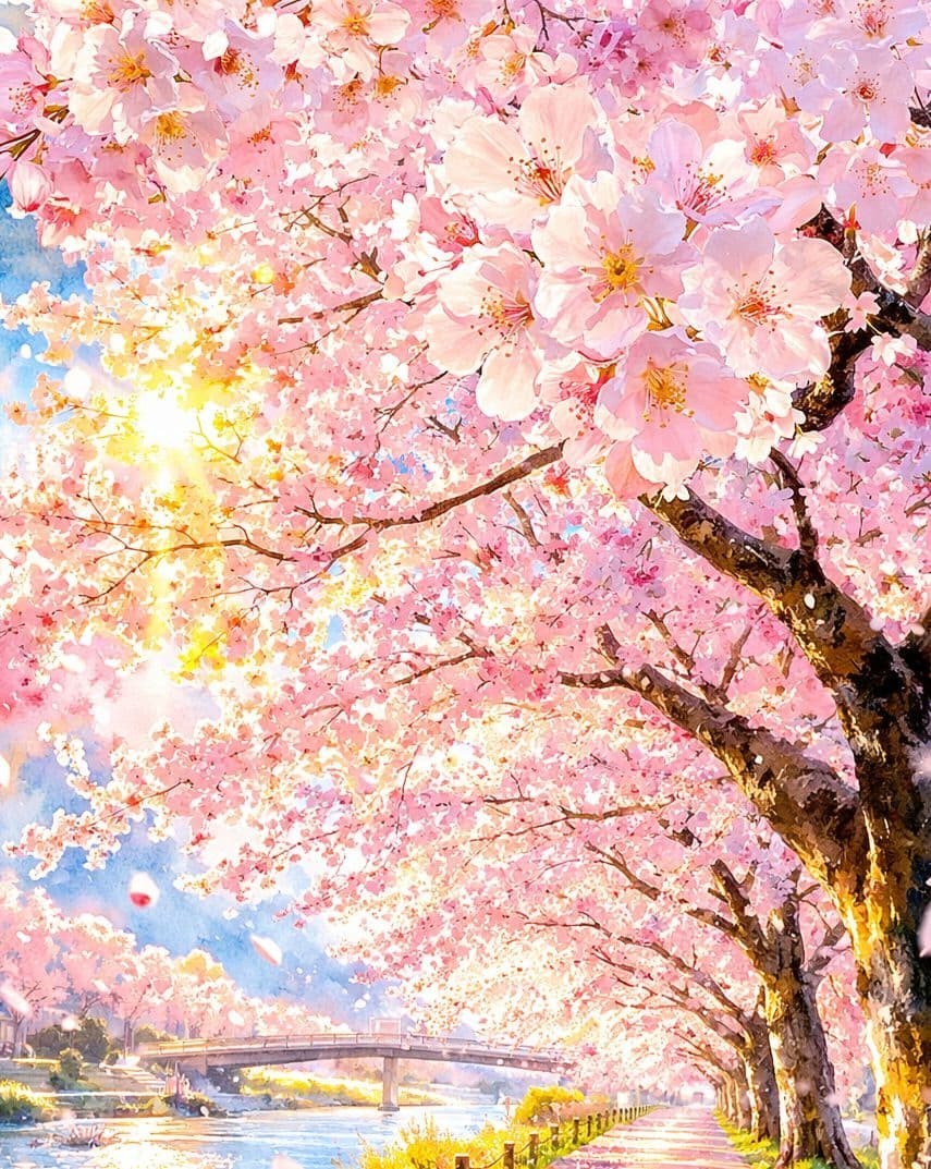 Spring scenery, cherry blossom trees, digital art