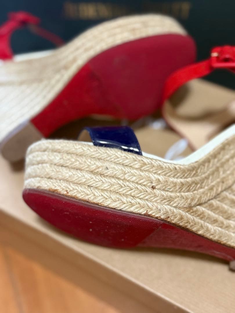 Rare Christian Louboutin Wedge Espadrille Sandals Navy Red Size 35