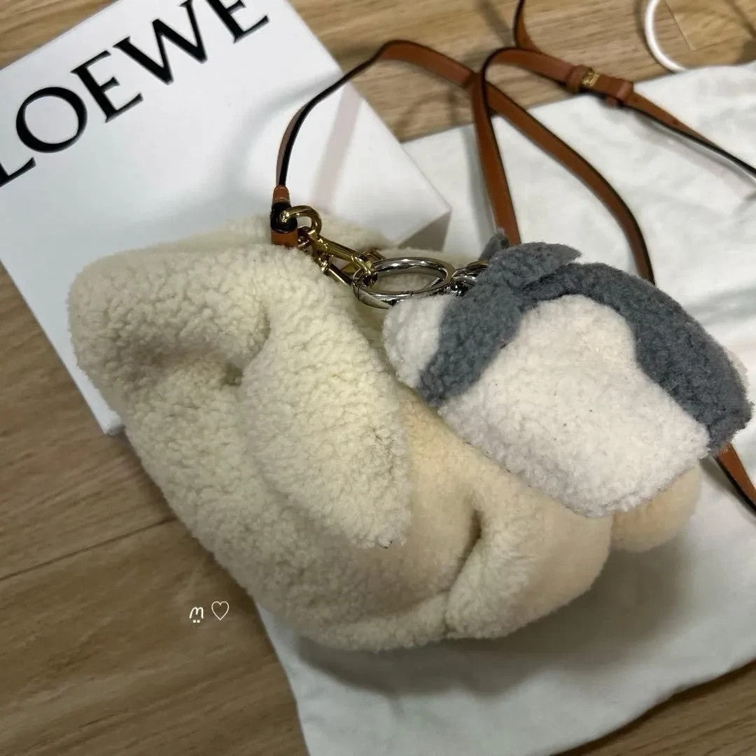 Rare LOEWE Suna Fujita Bunny Charm Coin Purse Shearling Rabbit Key Ring Used JP