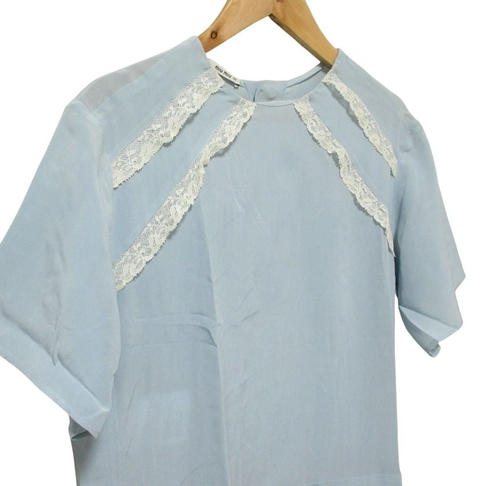 MIUMIU Used 100% silk short sleeve mini dress one piece 38 light blue womens br