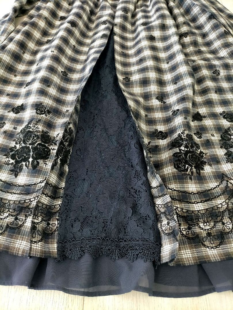 Axes Femme Plaid Embroidery Ribbon Dress Navy Japan