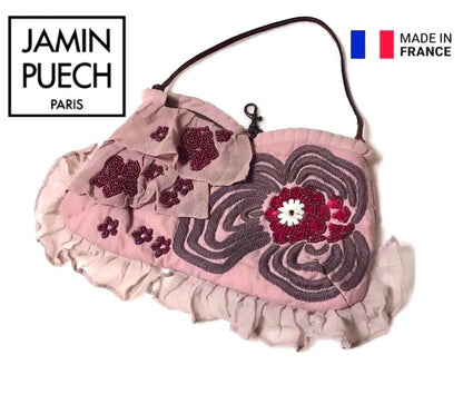 JAMIN PUECH Beaded Silk Embroidery Pink Leather Bag Art Craft Handbag Authentic