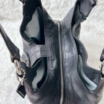 COACH Soho Hobo Tote Bag Black Leather Shoulder Buckle Silver Auth
