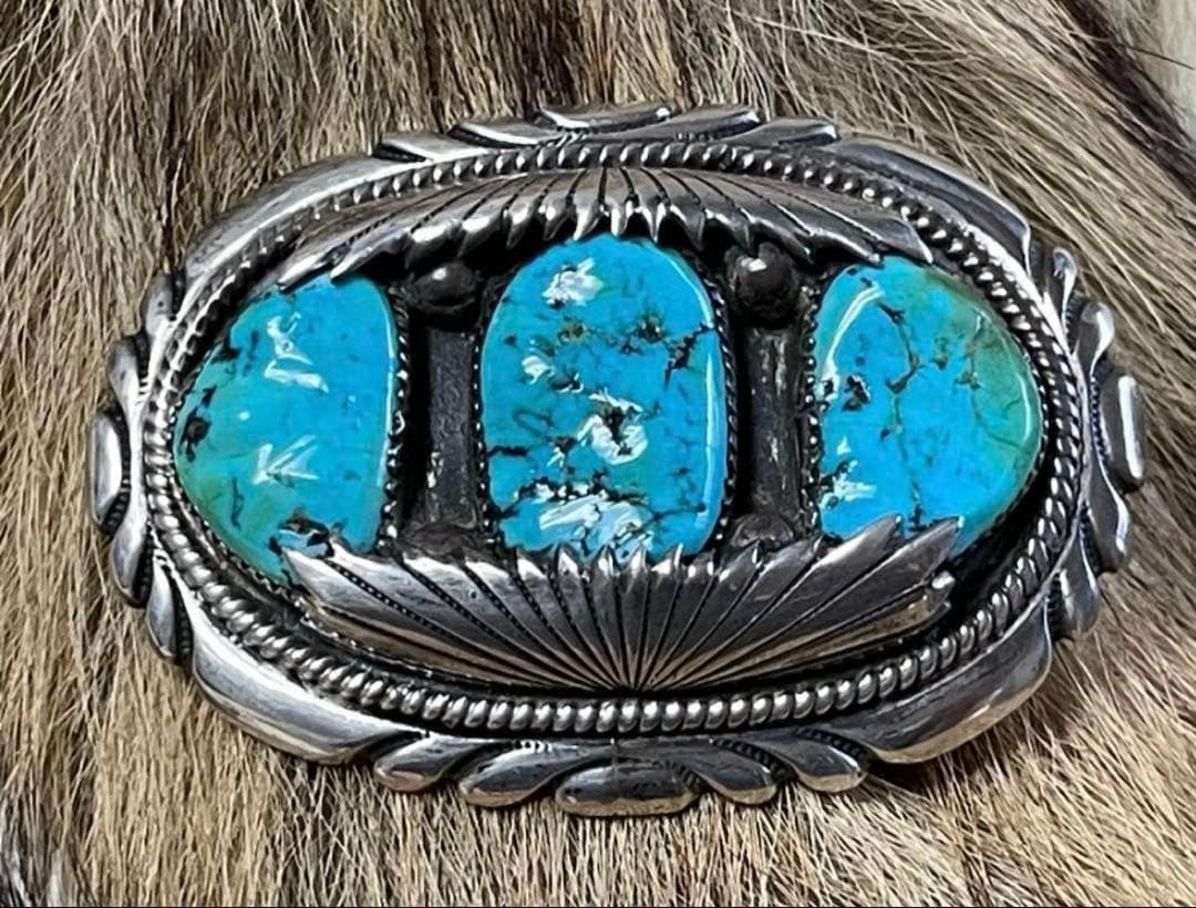 Robert & Bernice Leekya Buckle Indian Jewelry ZUNI Triple Turquoise TQ Kingsman