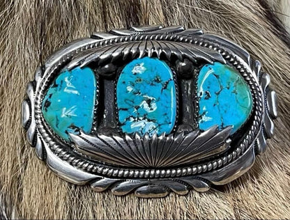 Robert & Bernice Leekya Buckle Indian Jewelry ZUNI Triple Turquoise TQ Kingsman