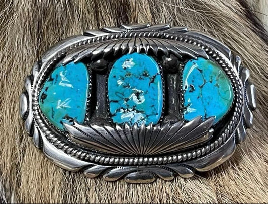 Robert & Bernice Leekya Buckle Indian Jewelry ZUNI Triple Turquoise TQ Kingsman