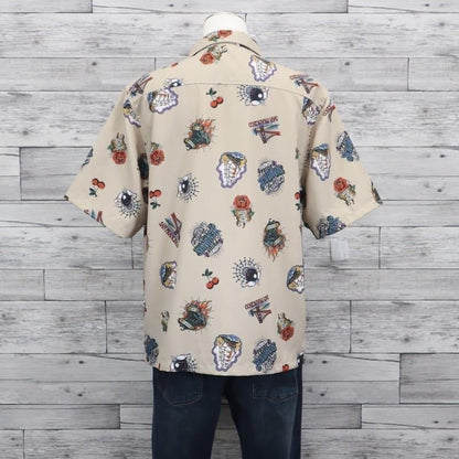 Rare Ben Davis Ink Full Pattern Tattoo Print Open Collar Shirt L