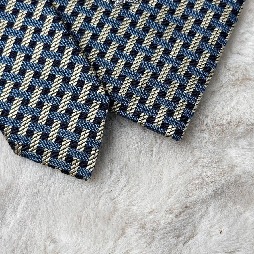 Burberry Unused Silk Tie Horse Check Blue Yellow Navy Elegant Condition