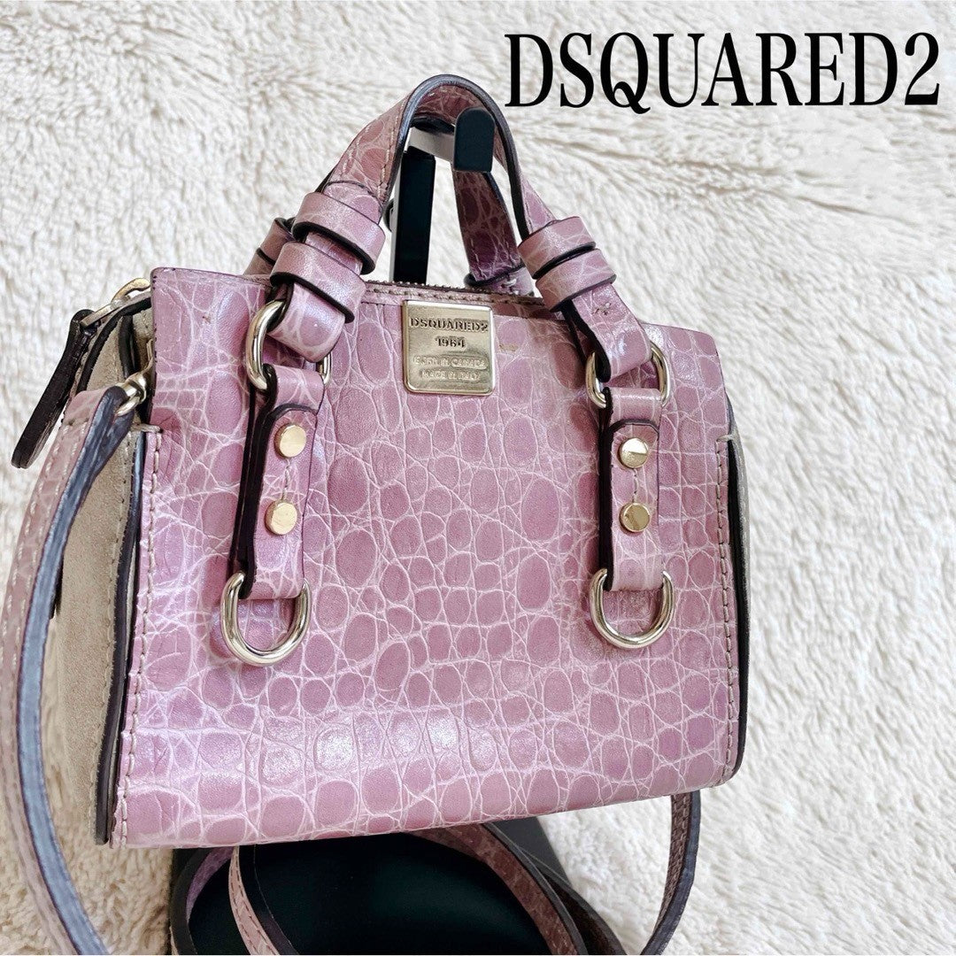 Dsquared2 Croco Embossed Suede 2Way Shoulder Handbag Pink Used Ex+ Authentic JPN