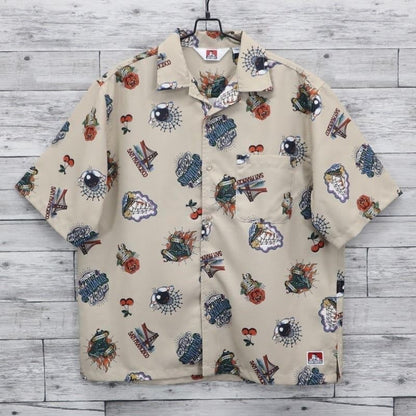 Rare Ben Davis Ink Full Pattern Tattoo Print Open Collar Shirt L