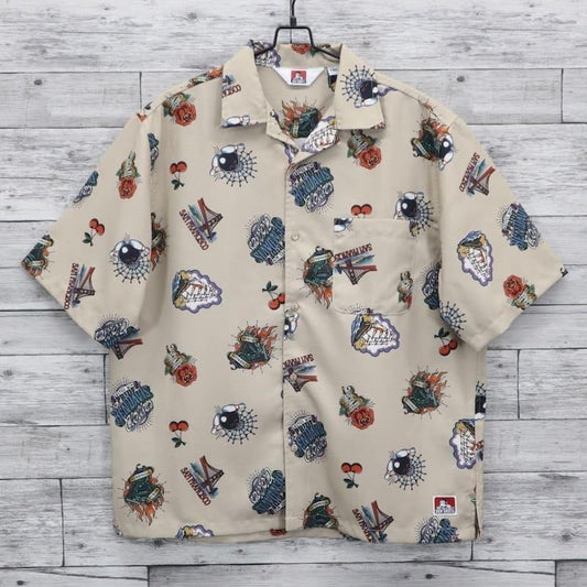Rare Ben Davis Ink Full Pattern Tattoo Print Open Collar Shirt L