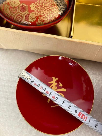 Japanese Lacquered Bowls & Sake Cup Set - Chrysanthemum Design, Red & Black