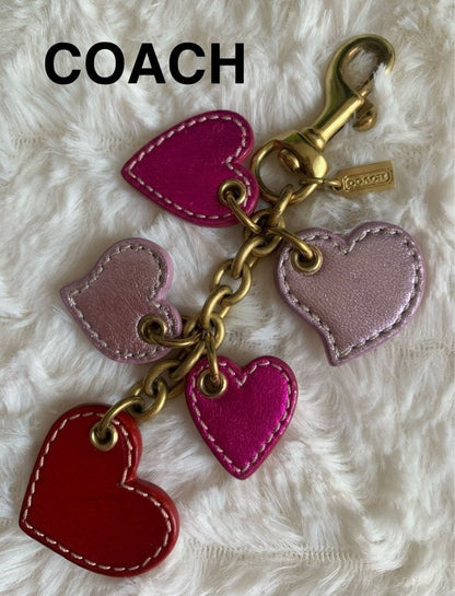 COACH 5 Hearts Charm Keychain Red Pink Leather 2014 Valentine Rare