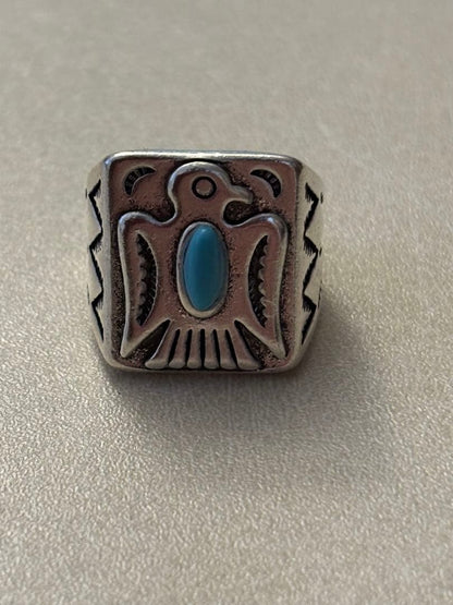 Thunderbird Turquoise Native American Ring, US Size 6.5-7