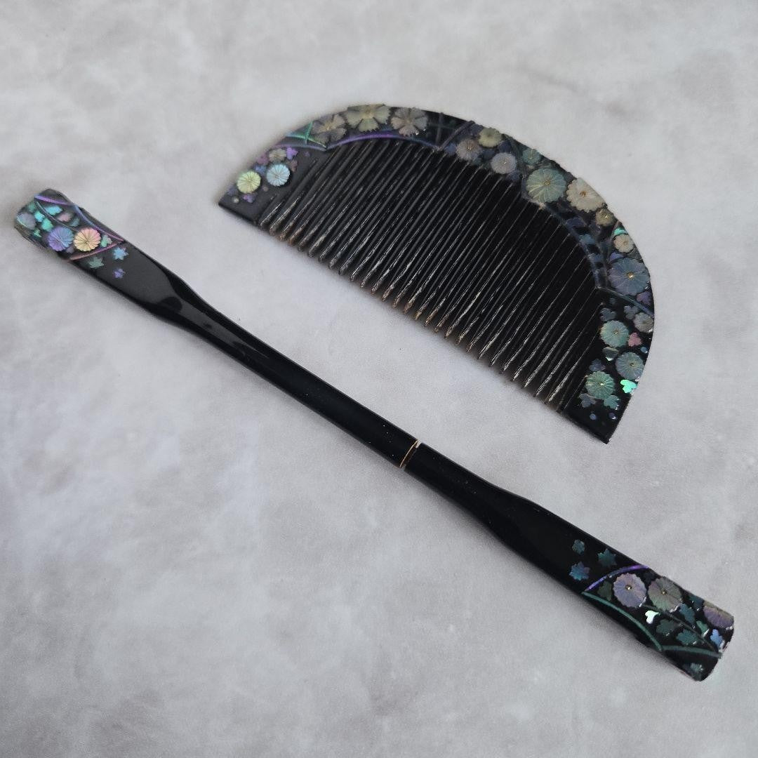 Japanese Hairpin, Comb, Black Lacquer, Mother-Of-Pearl, Hair Ornament, , N5, , C