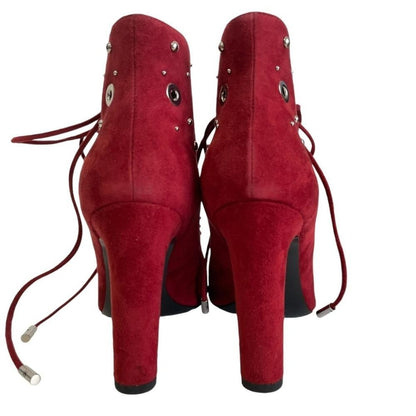 HERMES Suede Open Toe Lace-Up Bootie Short Boots 36 Approx. 9.1"" Red Women USED