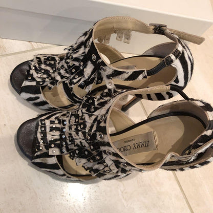 JIMMY CHOO Fringe Studs Zebra Heel Sandals Mules Pumps Shoes Women Size 36