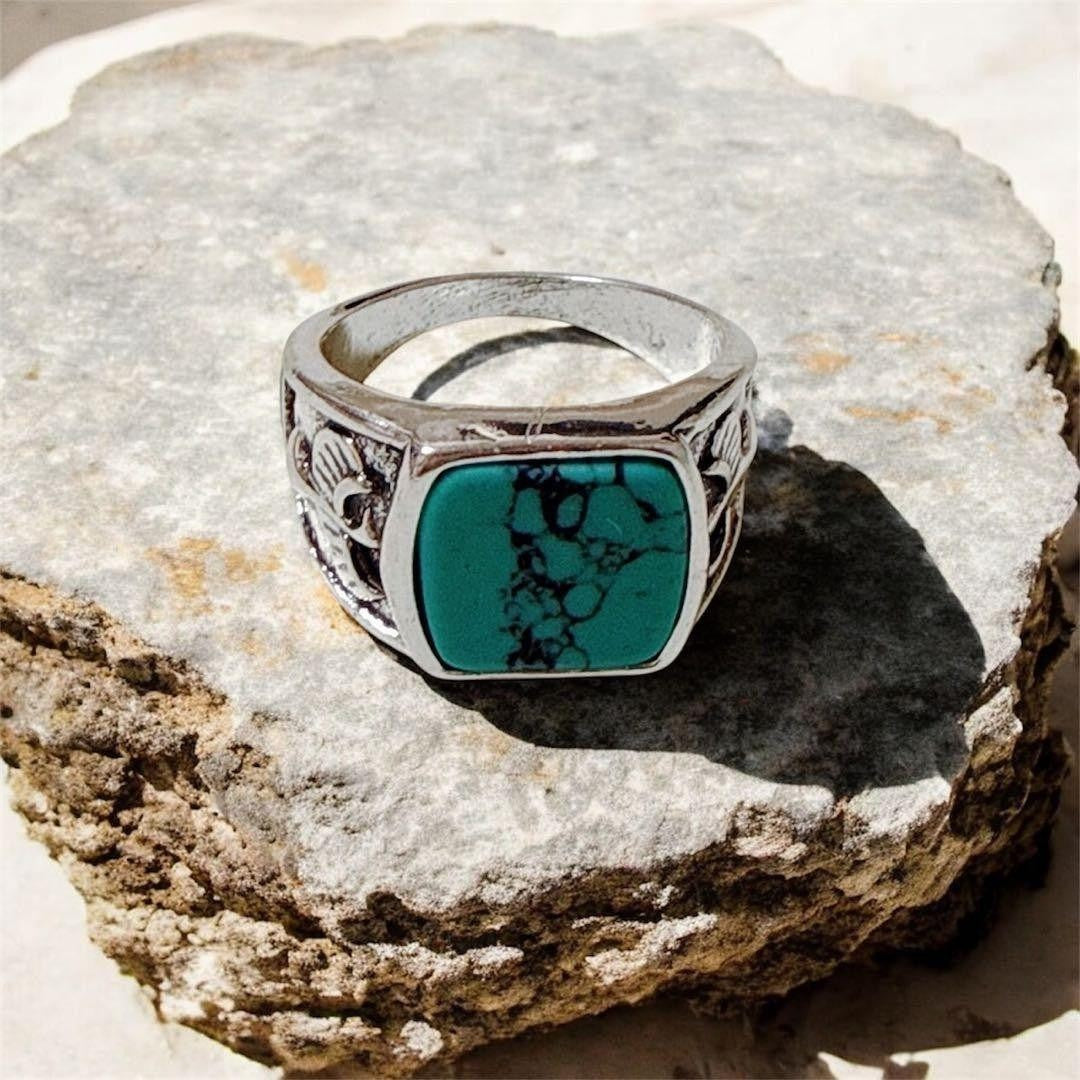 Turquoise Silver Ring with Eagle Engraving, Vintage Style, Men's