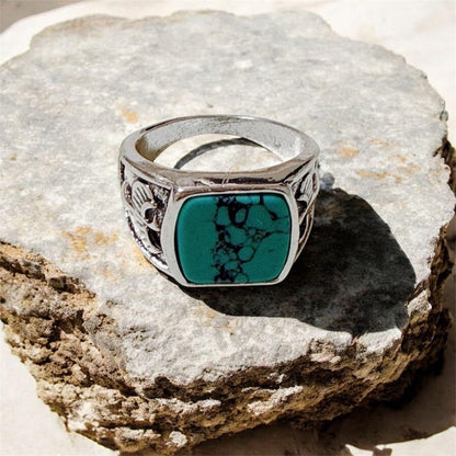Turquoise Silver Ring with Eagle Engraving, Vintage Style, Men's