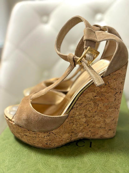 Jimmy Choo Wedge Sole Sandals Open Toe Leather Beige Size 35 US About5 For Women