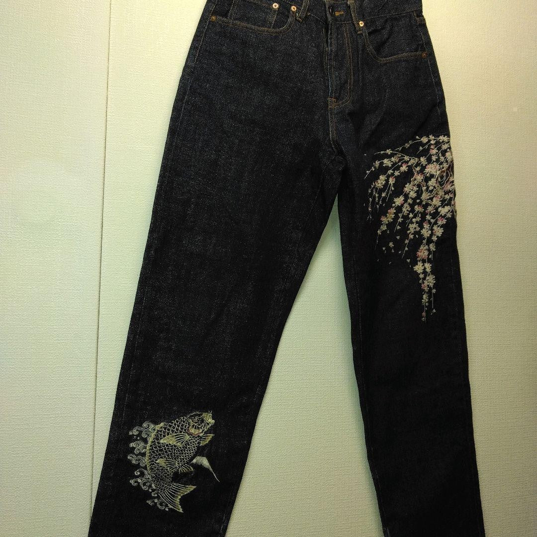 Hanatabi Gakudan Men's Denim Jeans Pants Koi Sakura Embroidered Blue 30