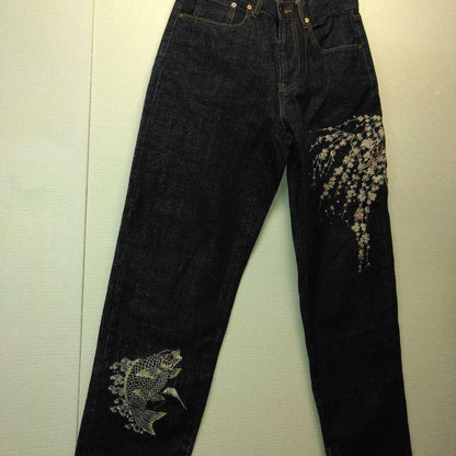 Hanatabi Gakudan Men's Denim Jeans Pants Koi Sakura Embroidered Blue 30